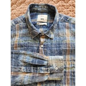 Zara Man Original Denim 1975 Tie Dye Plaid Long Sleeve 100% Cotton Shirt, LG